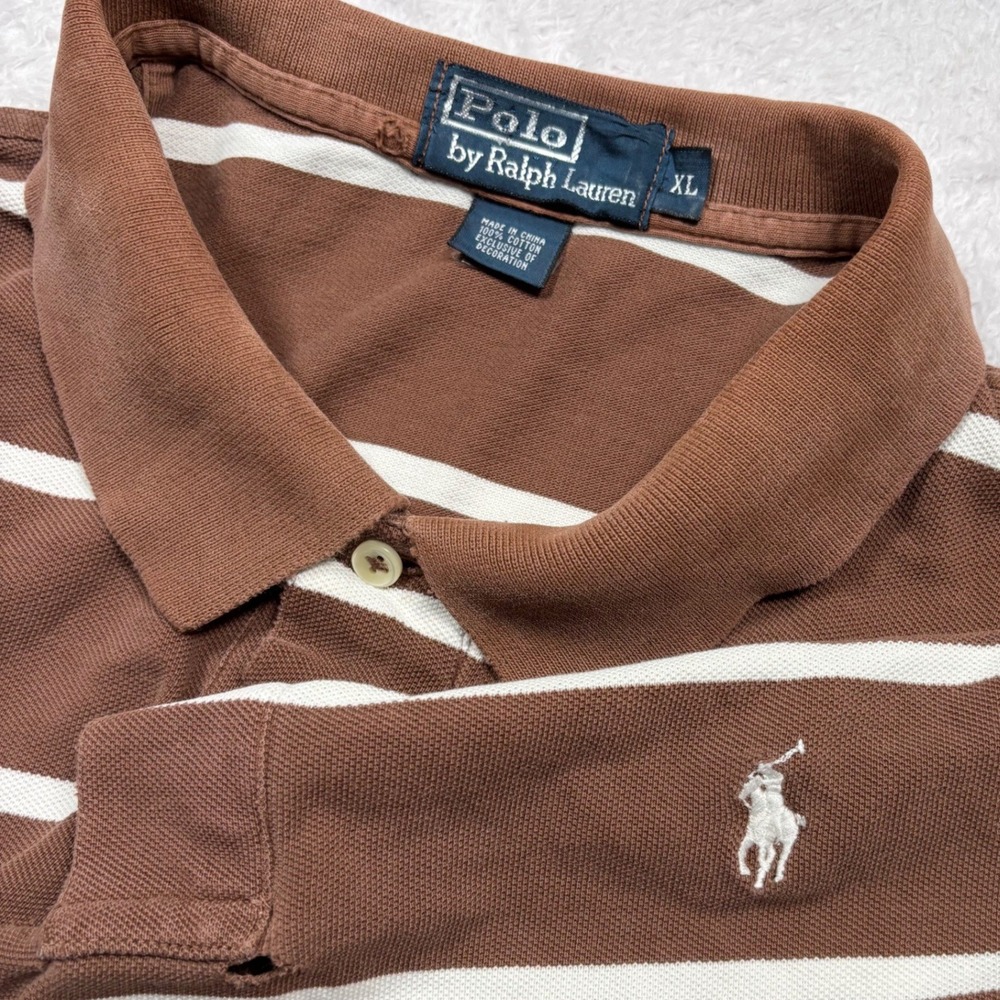 Polo Ralph Lauren Polo Shirt Mens XL Brown White Striped Thrashed Distressed